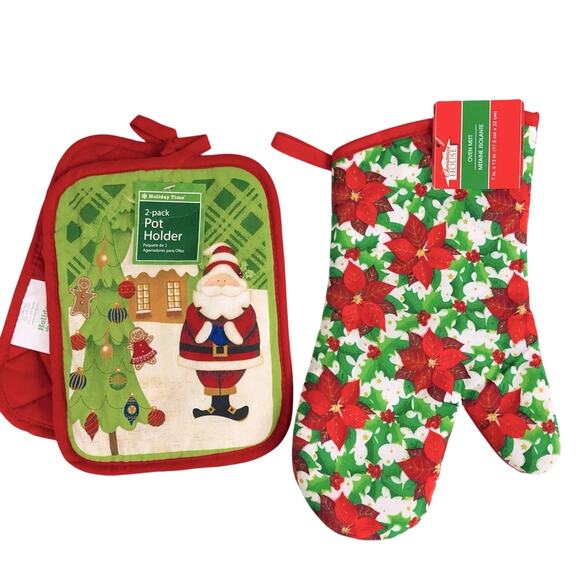 Holiday Time Other - NWT Holiday Time Hot Pad Kitchen Set Christmas Design Santa Red Poinsettias